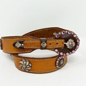HWG Overlay Women's Pink Rhinestone Encrusted Western Belt 36" Cowgirl Size S/M